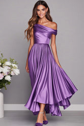 Lila Eine Schulter A Line Satin Langes Hochzeitsgastkleid